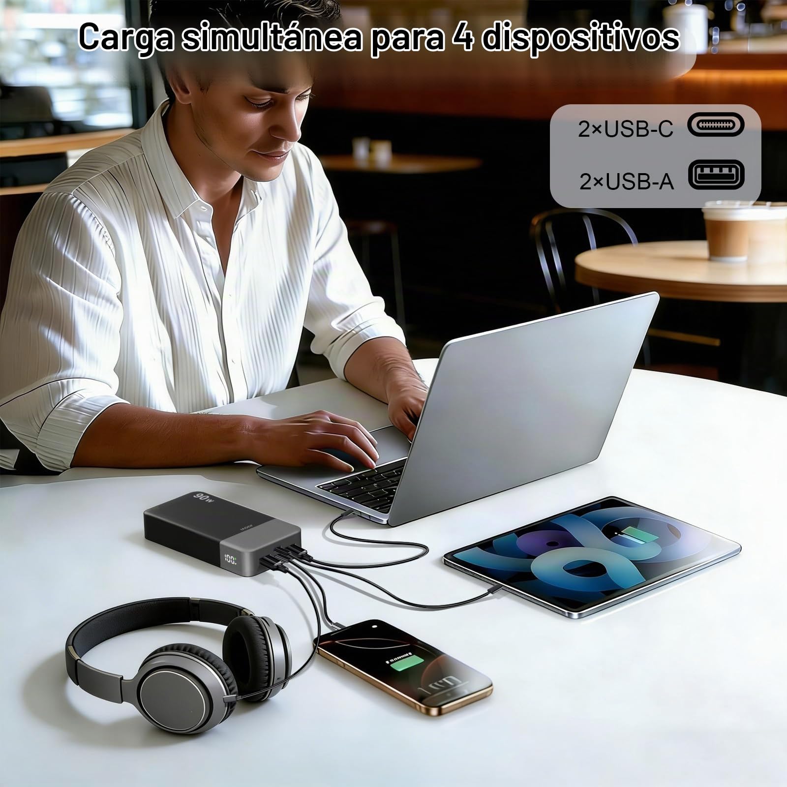 JUOVI 90W Batería Externa Carga Rápida, Power Bank para Portátil 20000mAh Cargador Portátil, Batería Portátil con 2 Puertos USB-C y 2 USB-A, Powerbank para MacBook iPhone 17/16/15, Samsung (Negro)