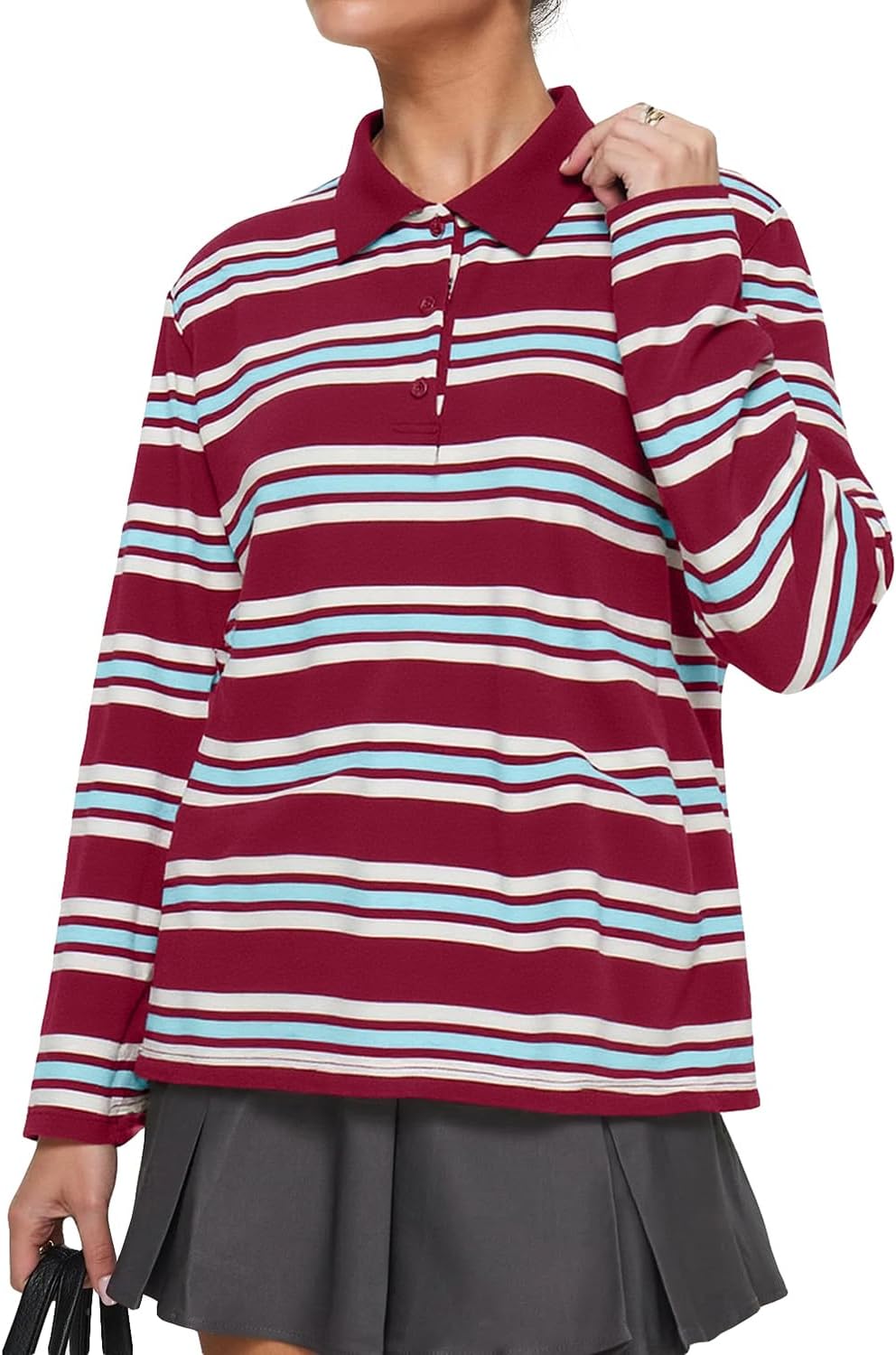 Cioatin Women Oversized Striped Rugby Polo T-Shirt Tops Long Sleeve Vintage Y2K Preppy Button Collared Sweatshirt Pullover