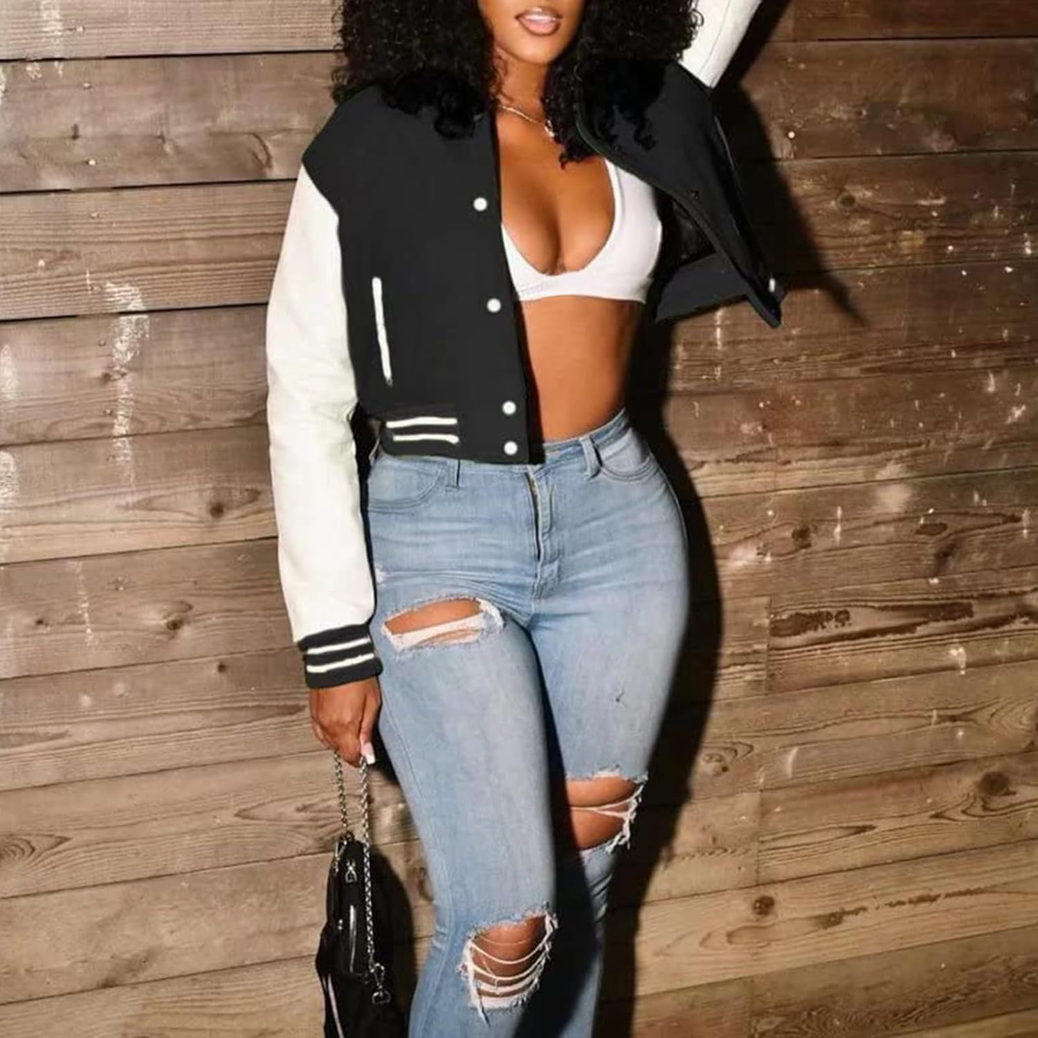 Xaspee Women's Casual Baseball Jacket Faux Leather Colorblock Button Crop Bomber Jacket
