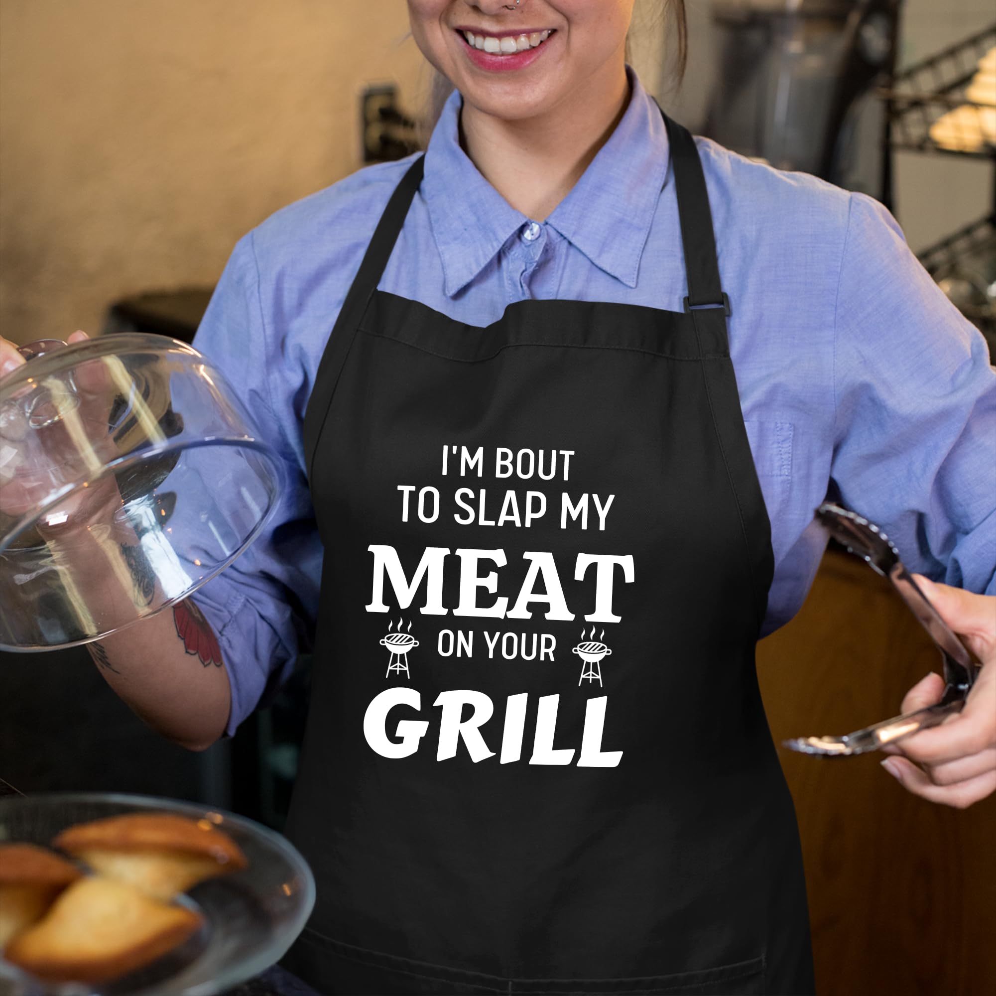 Delantales divertidos con texto en inglés "I'm Bout To Slap My Meat On Your Grill" para mujer, regalo para padre, Navidad, Negro, Taille unique