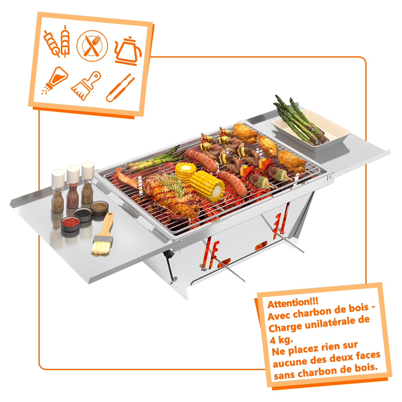 Dripex Mini Portable Barbecue, Pliable BBQ de INOX Camping Barbecue de pique-nique, pour pique-nique, jardin, terrasse, camping, voyage Pour 1 à 4 personnes (65 x 25 x 14cm)