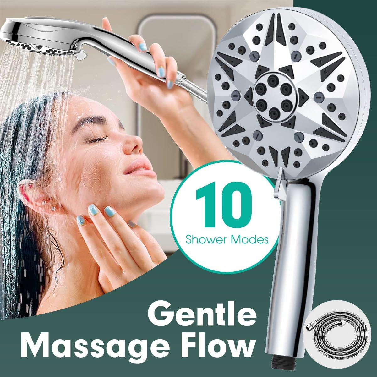 Filtered High Pressure Handheld Shower Head – 10 Spray Modes with Rain & Massage, Built-in Filter for Cleaner Water, Anti-Clog Nozzles, Power Rinse for Tile & Pets, Chrome Finish