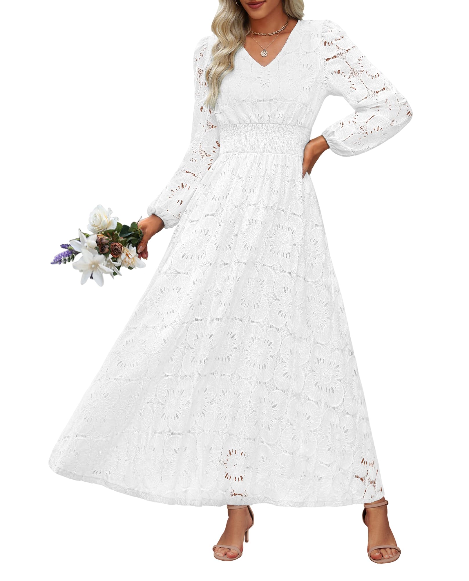 Photo 1 of ***ACTUAL DRESS IS DARK GREEN***Women's Long Puff Sleeve Floral Maxi Dress V Neck Lace Eyelet Hollow Out A Line Flowy Boho Spring Wedding Guest Party Dresses (Small, Green)***ACTUAL DRESS IS DARK GREEN*** SIZE SMALL