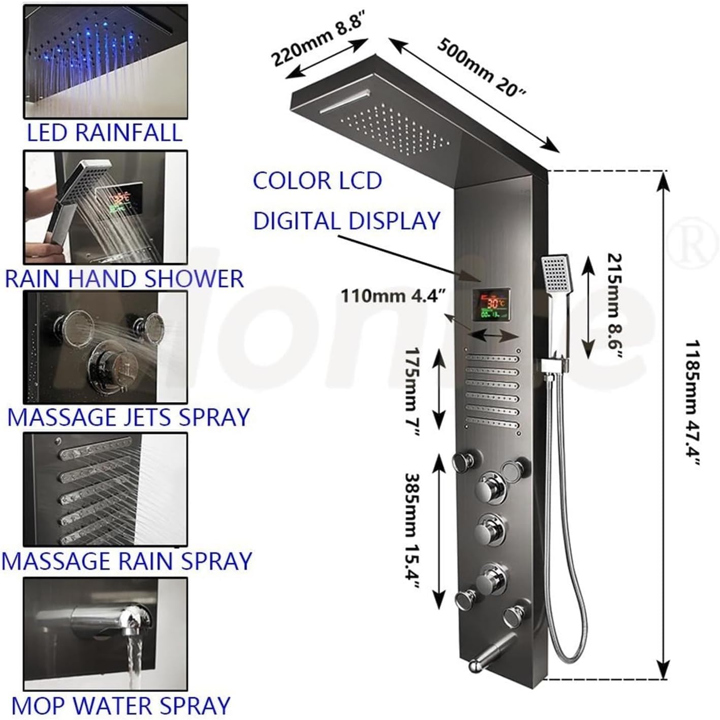 Dark Grey Nickel Brushed Digital Display Shower Panel， Column LED Rain Waterfall Shower Spa Jets， Bath Shower Mixer Faucet(Dark Grey)