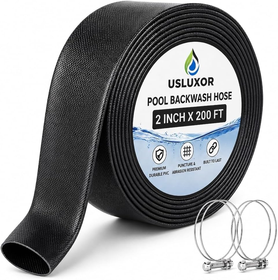 Manguera de retrolavado de piscina de 2" x 200 pies, manguera de retrolavado de piscina resistente – Manguera de descarga plana reforzada de PVC de 3 capas con abrazaderas, a prueba de explosiones de alta presión, manguera de drenaje de bomba de agua resistente a la intemperie y a los rayos UV