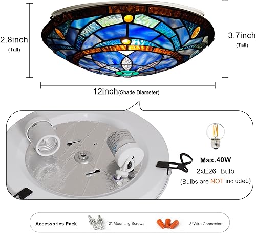 Miniatura 6 de ARTZONE Tiffany - Luces de techo de vitral, 2 luces de techo de 12 pulgadas Tiffany de montaje empotrado para dormitorio, comedor, sala de estar,