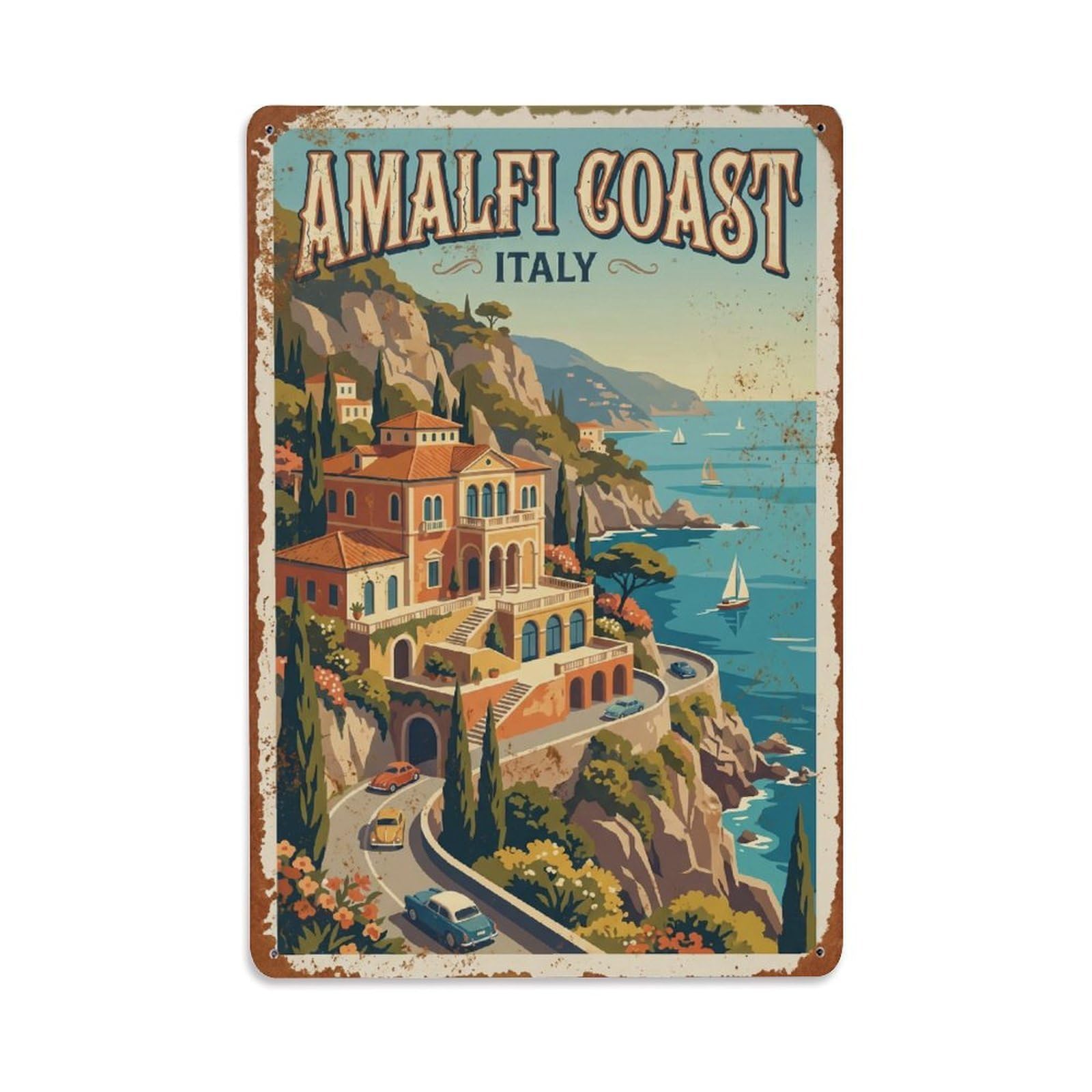 Vintage Travel Mansion Italy Hillside Metal Tin Sign