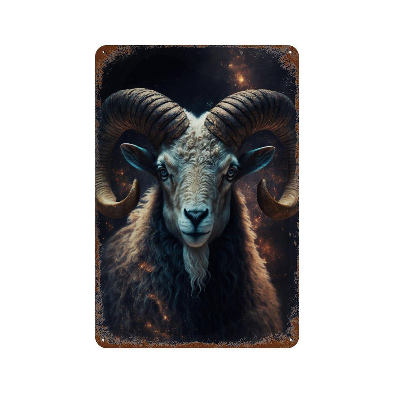 Golden Horned Ram Portrait Rustic Tin Plaque 11.8"x7.9", for Pub, Kitchen And Man Cave Decor, Vintage Wall Decor