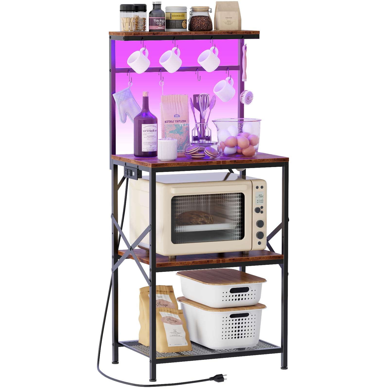Kitchen Bakers Rack with Power Outlet & LED Lights, Small Coffee Bar Table with Adjustable Storage Shelf, 4 Tiers Microwave Stand with 8 Hooks, Coffee Station for Appliance Organizer, Rustic Brown
