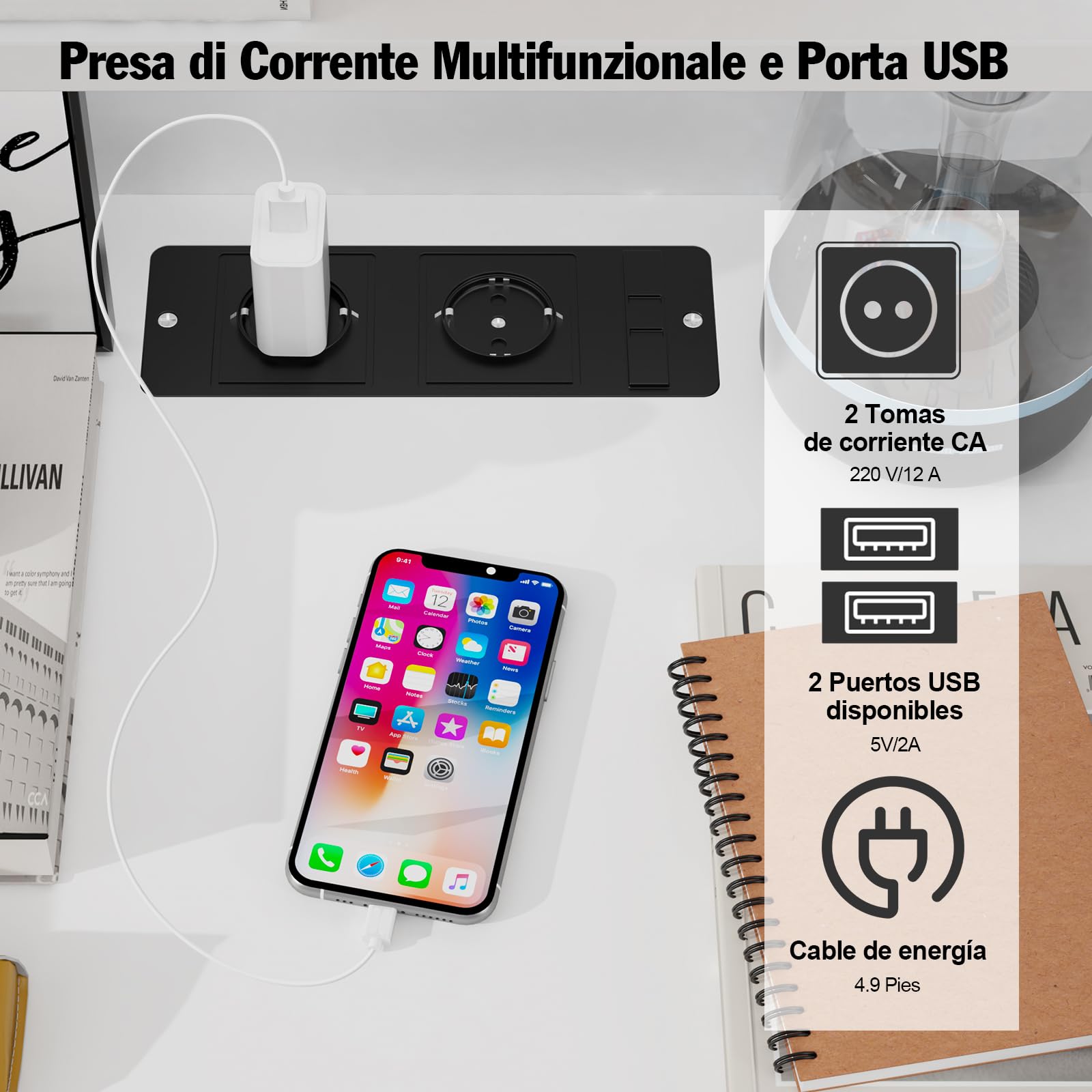 Table de Chevet Moderne avec LED Réglable, Table de Chevet avec Station de Charge, 2 Prises AC, 2 Ports USB, Intelligente Blanc avec 2 Tiroirs, Étagère de Rangement Ouverte