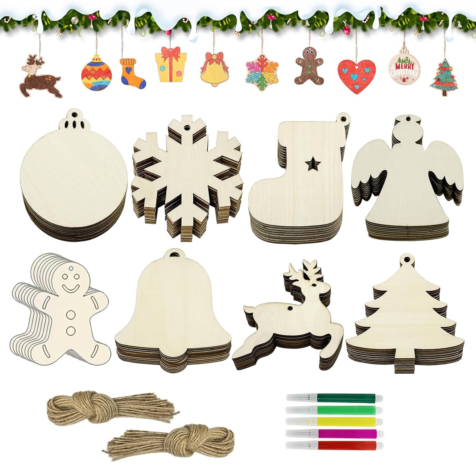 40 Pezzi natalizie in legno, etichette in legno di natale, ciondoli in legno per albero di natale, ciondolo dipinto in legno di natale per pittura fai-da -te per decorare natale e feste (B