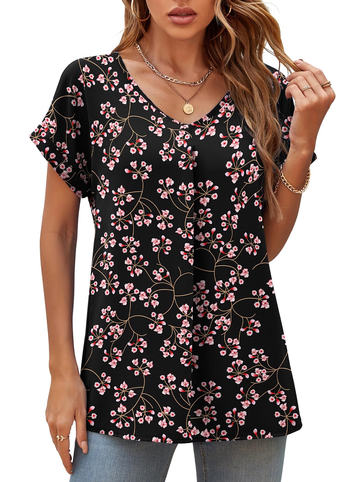 QUEZHUSummer Blouses for Women Elegant Casual V Neck Chiffon Blouses Tops Shirts