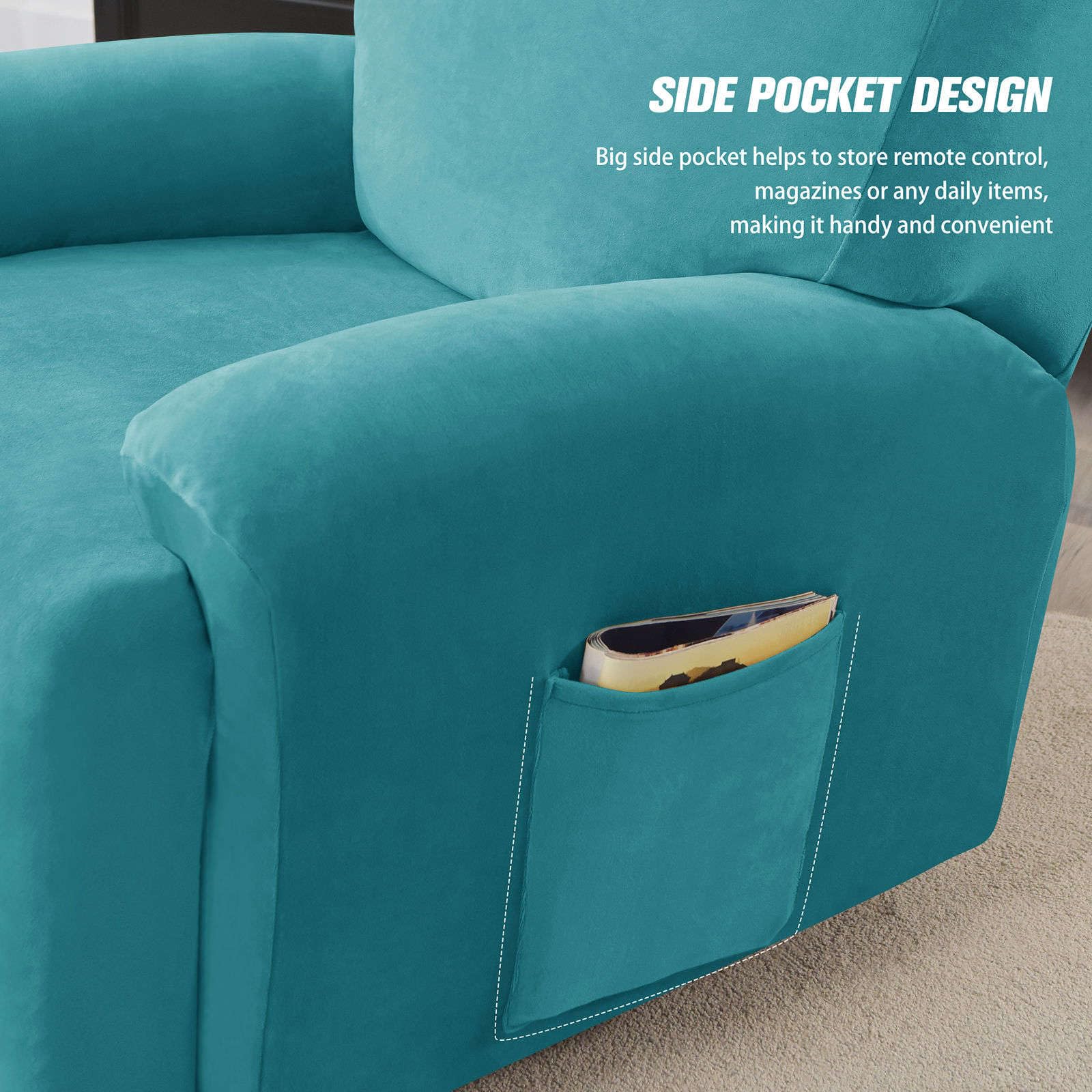 Copripoltrona Elastico Relax Velluto, Copripoltrona Reclinabile 4 Pezzi Morbido Antiscivolo con Tasche per Soggiorno-Teal-1 Posto