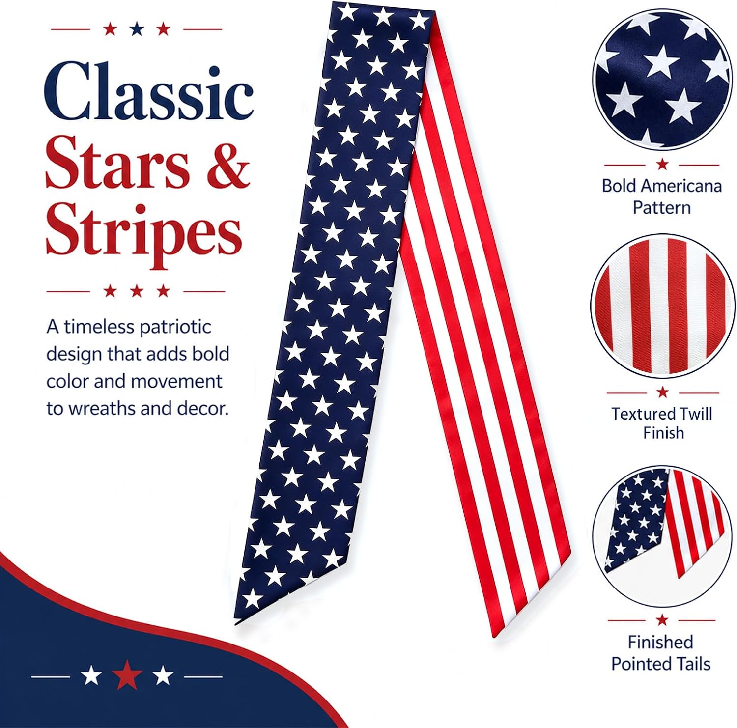 Patriotic Wreath Sash for Front Door, 250th Anniversary 4th of July Decorations, Stars & Stripes Design, Textured Twill Red White and Blue Sash for Entryways, Baskets, Indoor and Outdoor