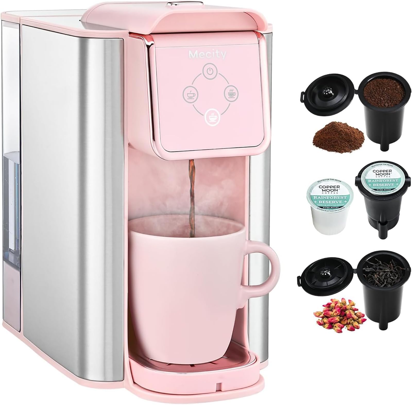 Mecity Cafetera rosa 3 en 1 de una sola porción, para cápsulas de café de fondo plano, café molido, taza de 6 a 10 onzas, depósito de agua extraíble de 50 onzas, 120 V y 1150 W