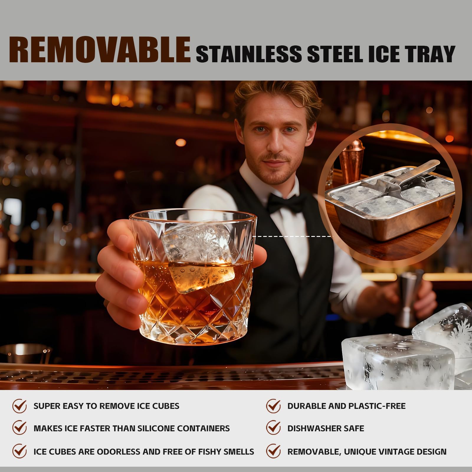 Bandejas de cubitos de hielo de acero inoxidable con palanca, 6 moldes grandes para whisky y cócteles, bandeja profesional de metal resistente para congelador, no tóxica y fácil liberación