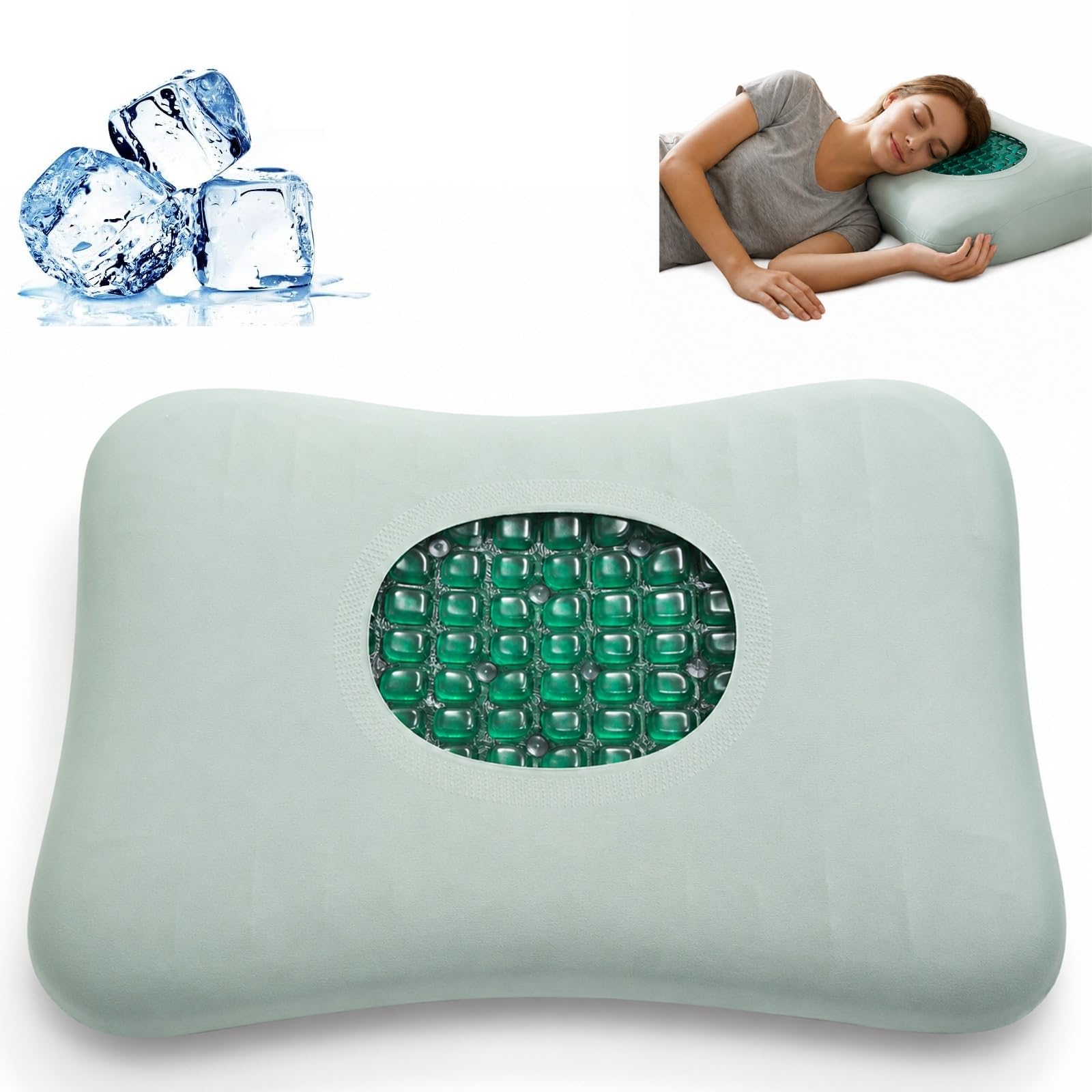 Cuscino Gel Rinfrescante Cervicale 60x40x10 cm, Guanciale Ergonomico | Guanciale Ergonomico per Dormire con Superficie Cooling Gel, Federa Rimovibile e Lavabile, Supporto.(Green)