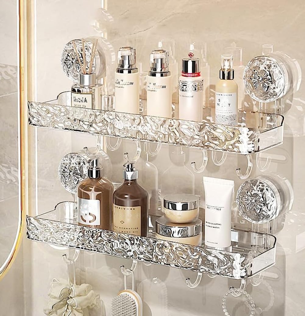 Light luxury Style Punch-Free Storage Rack, Suction Corner Shower Organizer, Corrugated Suction Cup Storage Holder, Removable Storage Rack for Bathroom.