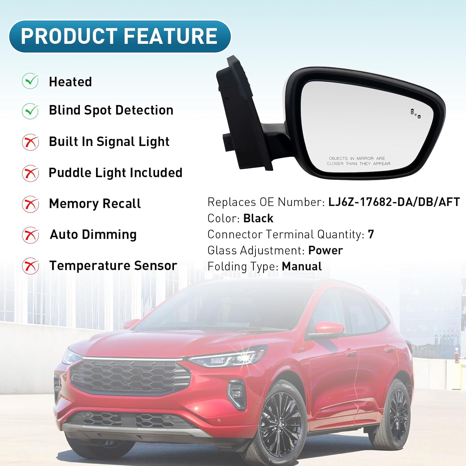 Passenger Side Mirror Compatible With Ford Escape SE/SEL 2020-2023 7-Pins With Heated With Blind Spot Dectection Power Glass Right Rear View Mirror/Without Signal Light/Gloss Black