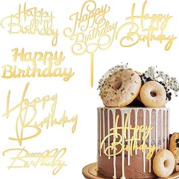 6 Pcs Gold Happy Birthday Cake Topper Side Mirror Acrylic Cake Topper Happy Birthday Cake Sign Decorations Gold Cake Inserts Cake Decor Supplies Golden Cupcake Toppers for Birthday Party Cake Dessert