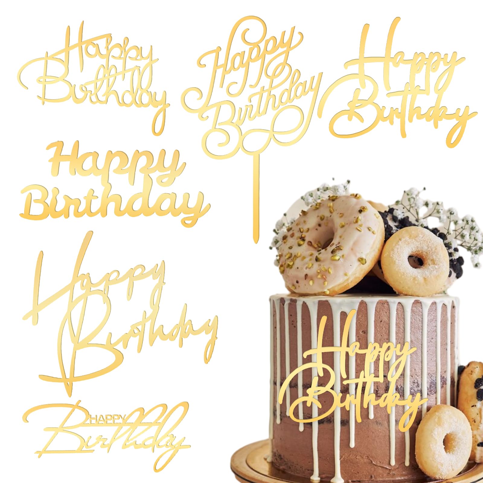 6 Pcs Gold Happy Birthday Cake Topper Side Mirror Acrylic Cake Topper Happy Birthday Cake Sign Decorations Gold Cake Inserts Cake Decor Supplies Golden Cupcake Toppers for Birthday Party Cake Dessert