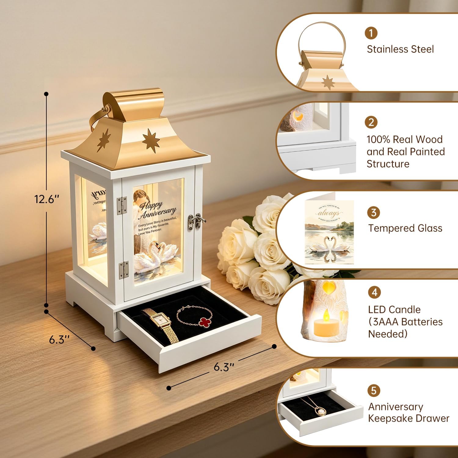 Wedding Anniversary Lantern Gift for Couple Wife Women Her Husband with Keepsake Drawer, Best Anniversary Wedding Gift for Couple Wife Parents 1st, 5th, 25th, 50th