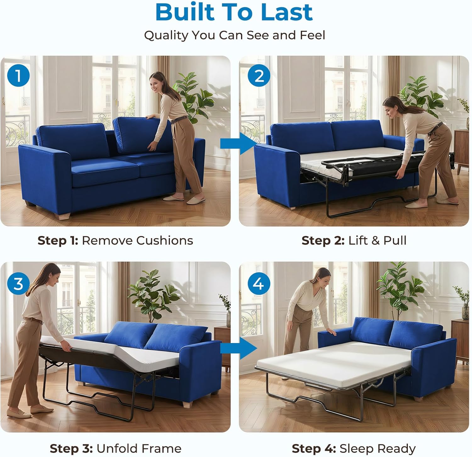 Mjkone Full Size Pull Out Sleeper Sofa Bed 71" W with Memory Foam Pillows and Mattress, Convertible 2-in-1 Loveseat Sofa Sleeper Couch with Pullout Beds for Living Room Apartment Small Spaces, Blue