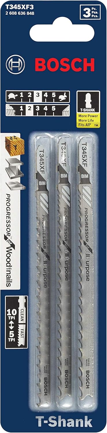 Bosch T345x F3-Piece 4-1/2 In. 8-12 TPI Progressor for Wood T-Shank Jig Saw Blades, Silver (T234X)