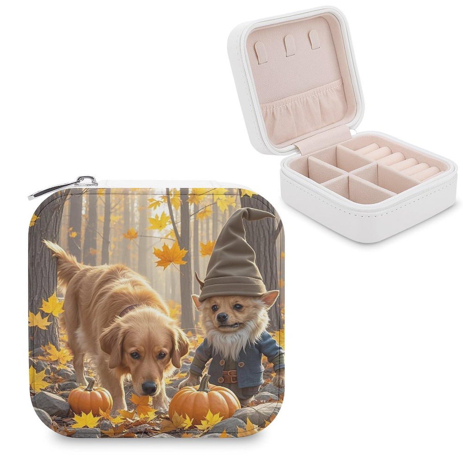 LZQPOEAS Dog And Maple Leaves Jewelry Box Mini Jewelry Travel Case Trendy Stuff Ring Box Custom PU Leather Jewelry Boxes Portable Jewelry Case Earring Storage Organizer for Girls Women