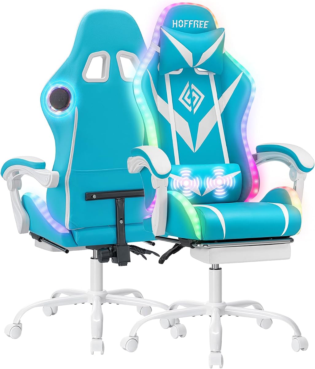 Gaming Chair with Bluetooth Speakers RGB LED Lights Computer Chair-Sky Blue | Ergonomic Massage Game Chair with Footrest & Lumbar Support High Back Video Game Chair for Adults Racing Style