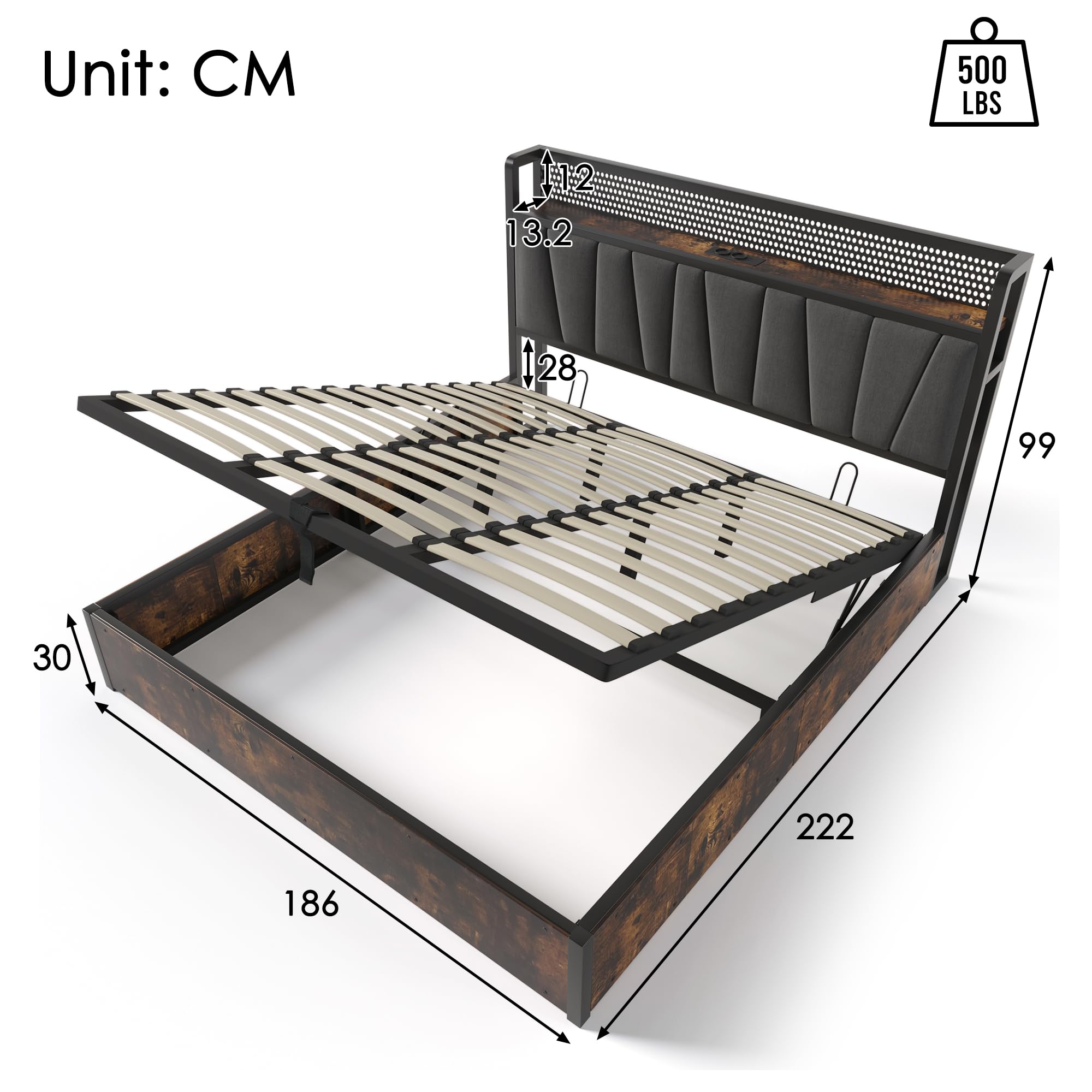 Rtopsu Letto Imbottito Letto Matrimoniale 180x200 con Illuminazione LED e USB Testata, Letti con Contenitore, Struttura del Letti con Telai in Metallo e Doghe in Legno, Lino, Grigio, Senza Materasso