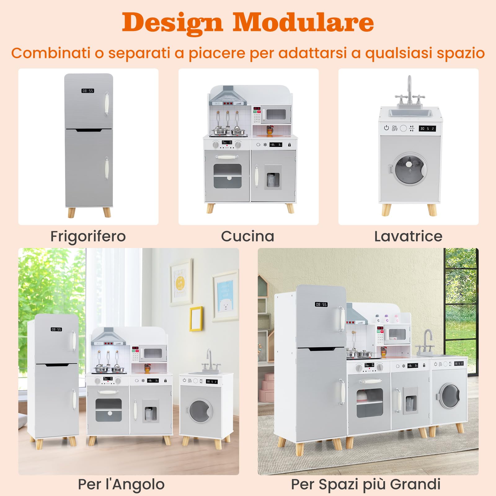 GYMAX Set Cucina Giocattolo Modulari per Bambini, Cucina Angolare con Cappa, Lavatrice, Macchina del Ghiaccio, Microonde, Luce e Suoni Reali, Cucina per Bambini dai 3 Anni+ (Grigio)