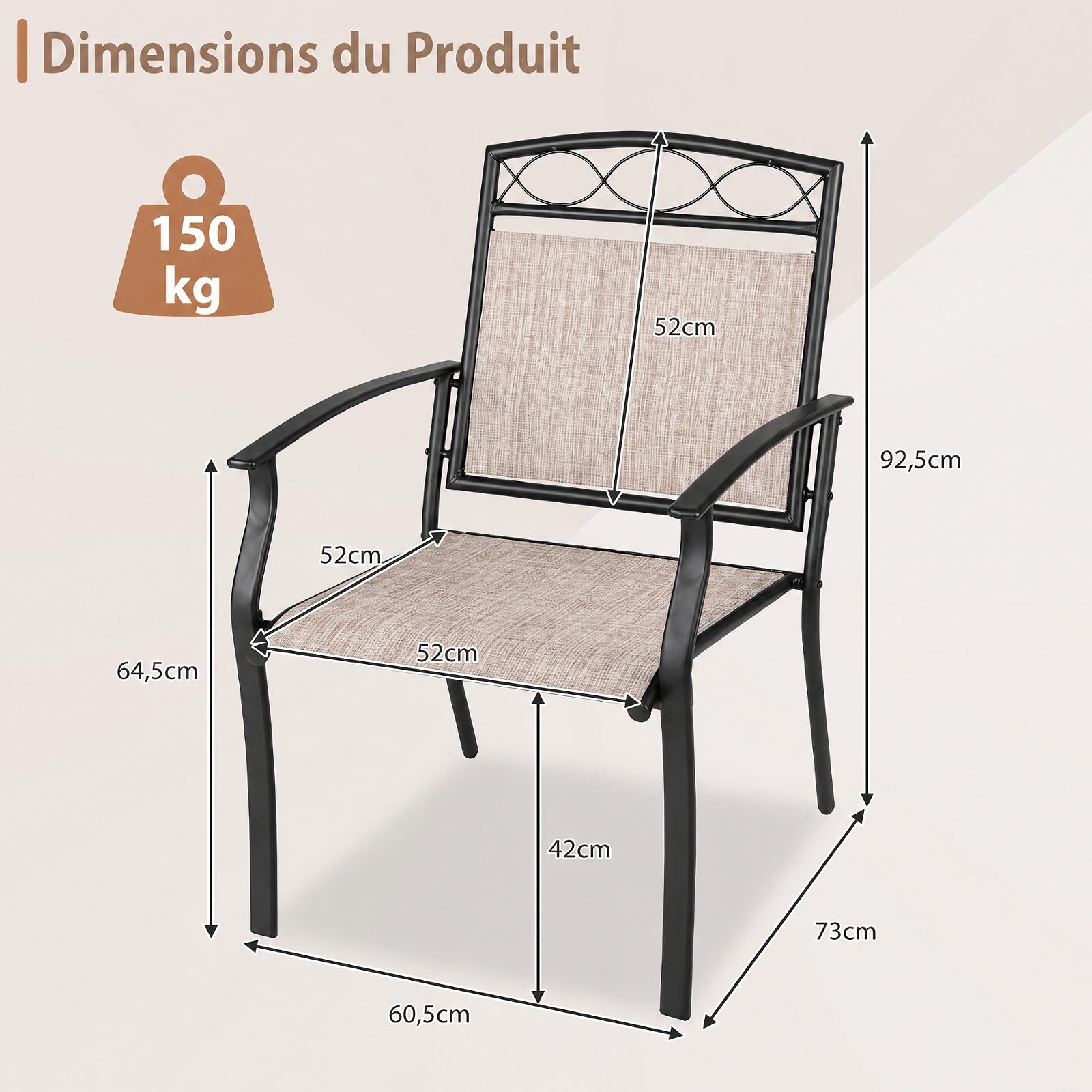 COSTWAY Lot de 2 Chaises de Jardin Extérieur, Tissu Respirant, Charge 150kg
