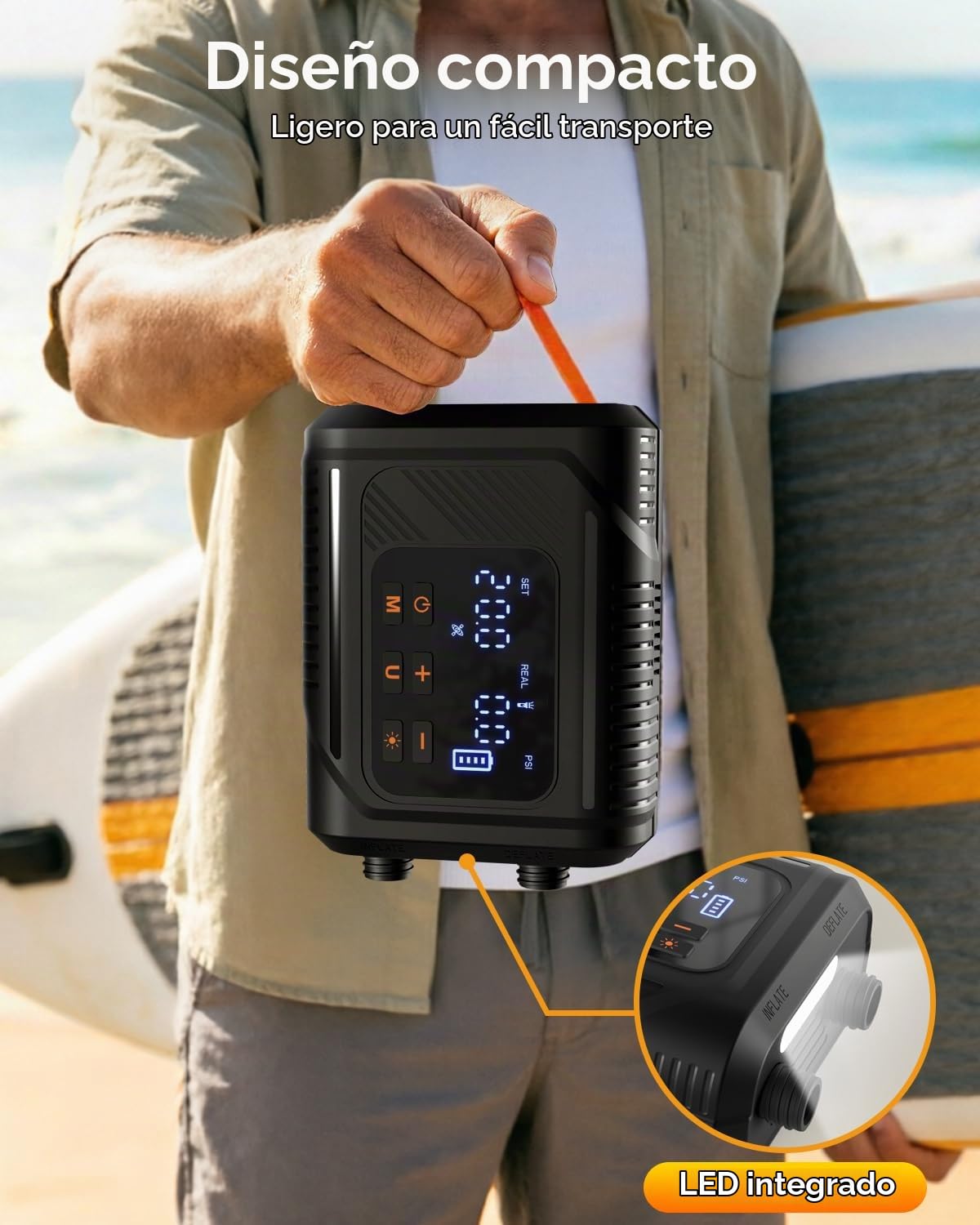 Bomba Eléctrica 20 PSI para Sup - Bomba Inteligente Recargable con Conector 12V, Inflado/Desinflado con Parada Automática - para Paddle, Kayak, Carpas, Colchonetas de Aire, Juguetes de Piscina