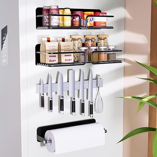 Estante magnético para especias para refrigerador, soporte magnético para toallas de papel, soporte magnético para cuchillos de acero inoxidable,