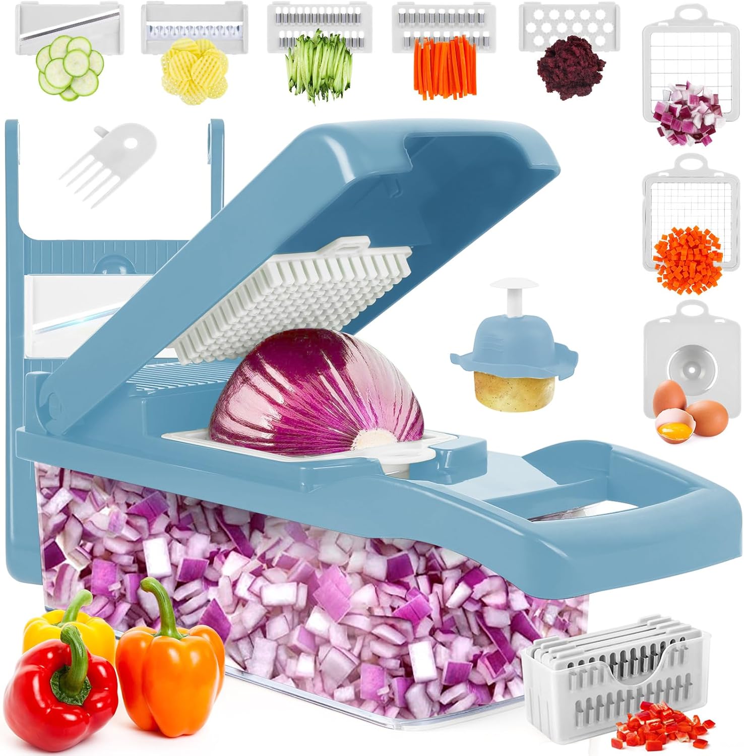 Vegetable Chopper, Onion Chopper, Mandolin Slicer,Pro 10 in 1professional food Choppermultifunctional Vegetable Chopper and Slicer, Dicing Machine, AdjustableVegetable Cutter With Container (Blue)