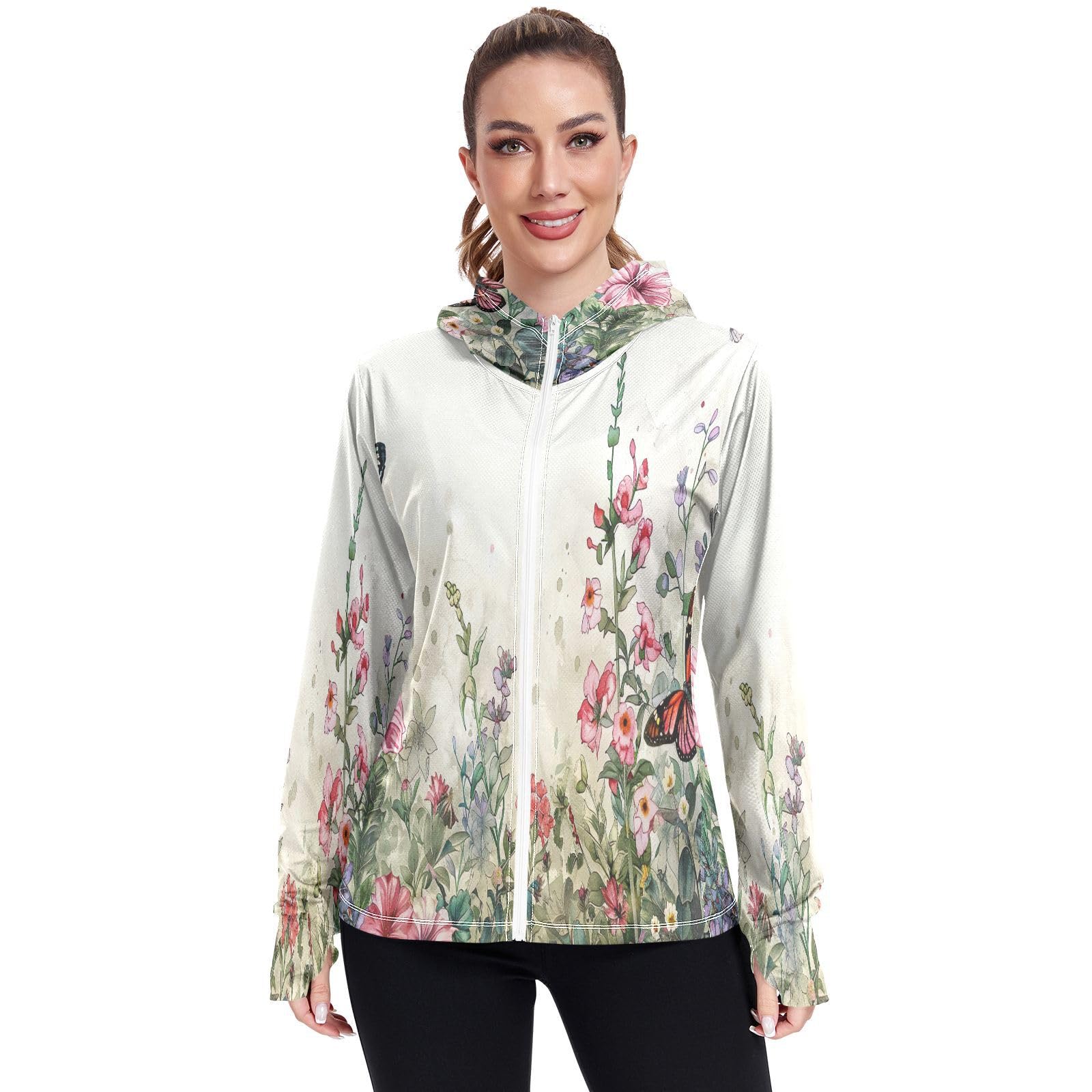 Kigai Flower Women's UPF 50+ Sun Protection Hoodie Jacket with Pocket Zip Long Sleeve Sun Shirt for Gardening Hiking Outdoor