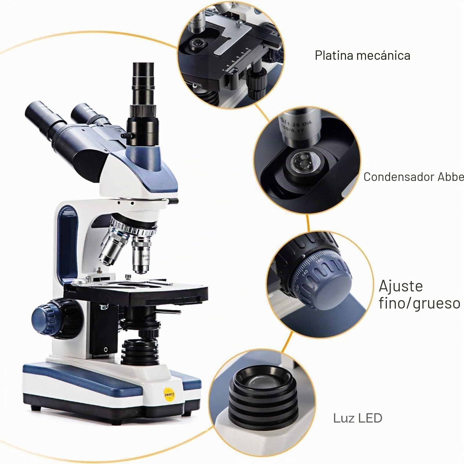 SWIFT Microscope composé trinoculaire SW350T, grossissement 40X-2500X, tête Siedentopf, niveau de recherche, scène mécanique à Deux couches, appareil Photo et logiciel 1,3 MP, Compatible Windows et…