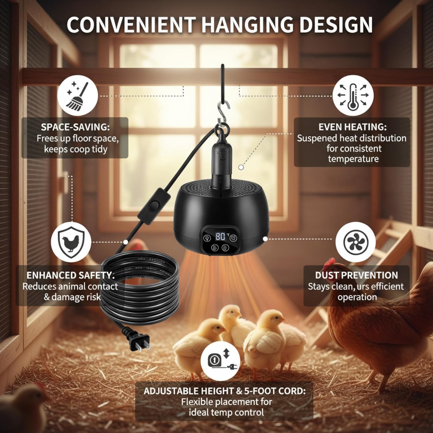 Enhon Chicken Coop Heater with LED Lighting, Adjustable Temperature, Timer & Safety Features – 5 Ft Long Cable Chicken Coop Heating Lamp Perfect for Small Animals and Reptiles(2 Pack)