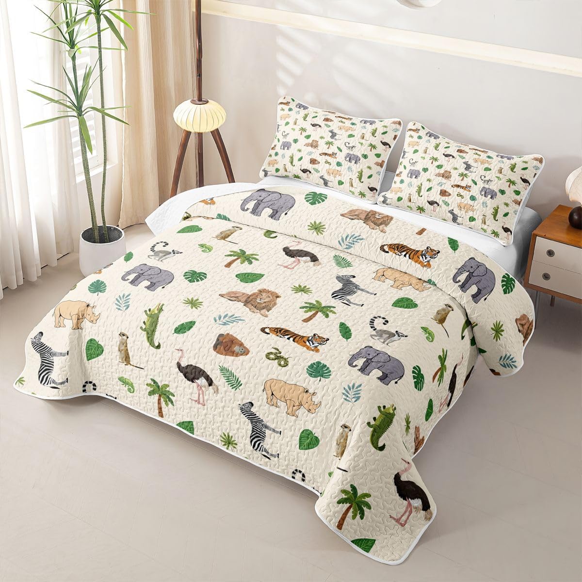 Feelyou Animal Quilt Sets Queen Size Tiger Kids Boys Girls Quilts with 2 Pillowcases Soft Lion Bedspread Coverlet Set Elephant Lightweight Bedding Jungle Animals