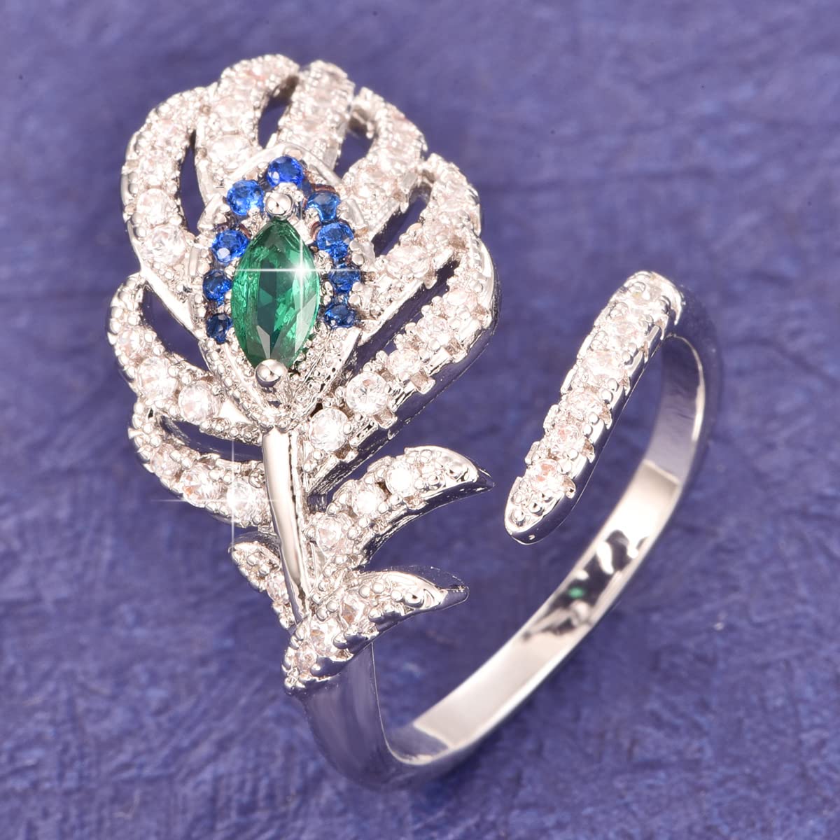 Emsione Cubic Zirconia CZ Pave Feather Open Ring Anniversary Wedding Engagement Ring Band for Women