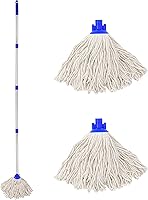 Vista 1 de Trapeador de tela de algodón, poste de acero inoxidable de 4 secciones + dos cabezales de trapeador de hilo de algodón, color blanco