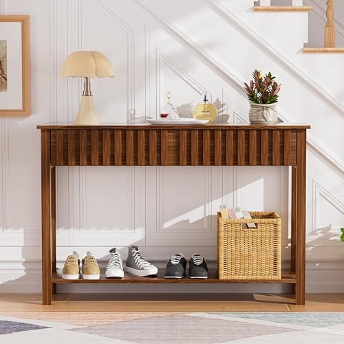 CHUWELL Mesa consola de entrada con 2 cajones y estante acanalados, mesa de entrada de mediados de siglo de 47.2 pulgadas, mesa de sofá para sala de