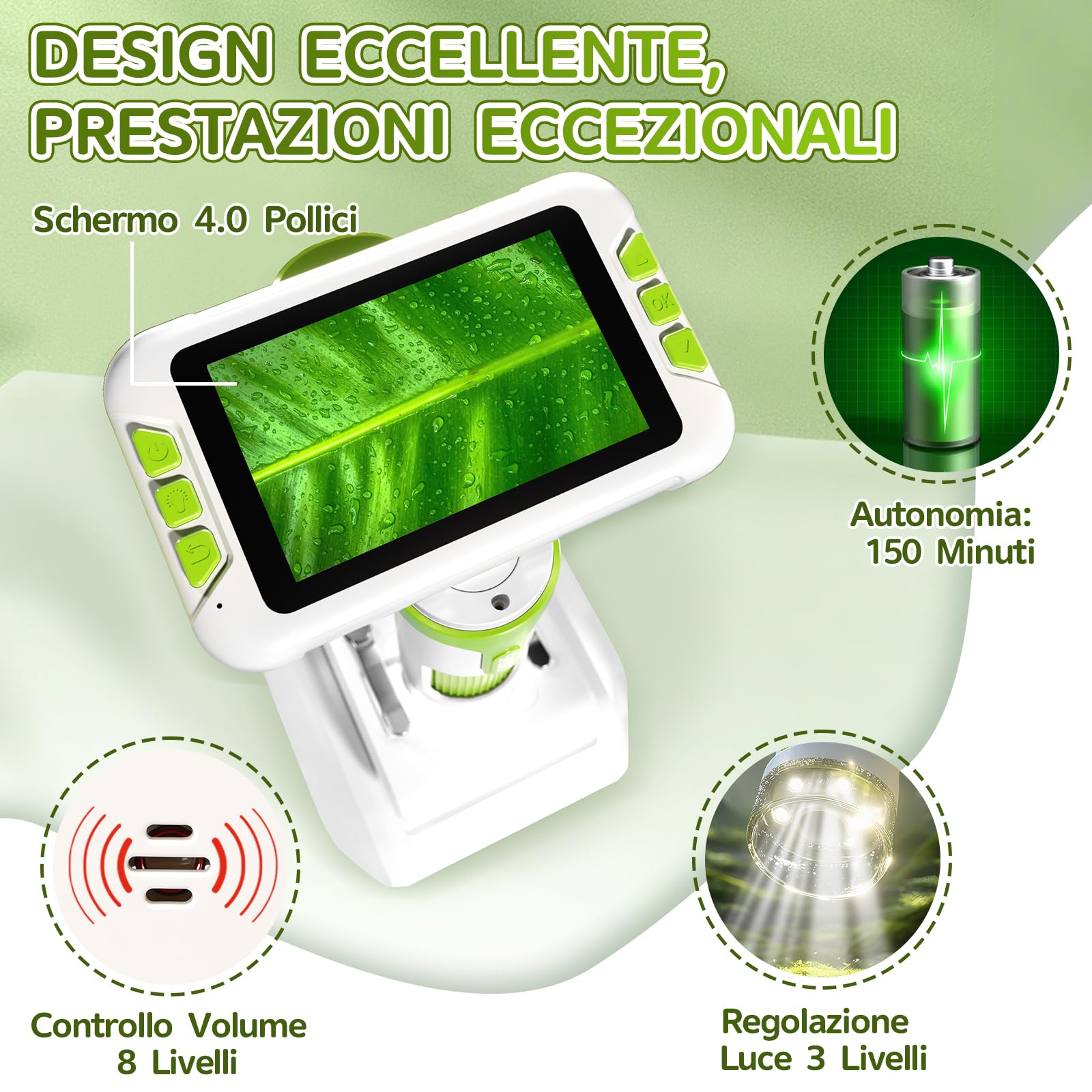 Charmofun Microscopio Bambini, Microscopio Digitale con Scheda di Memoria da 64GB, Microscopios Portatile Bambini con Schermo LCD 4", Ingrandimento 1600X, Foto e Video, Funzione Portatile e Fissa