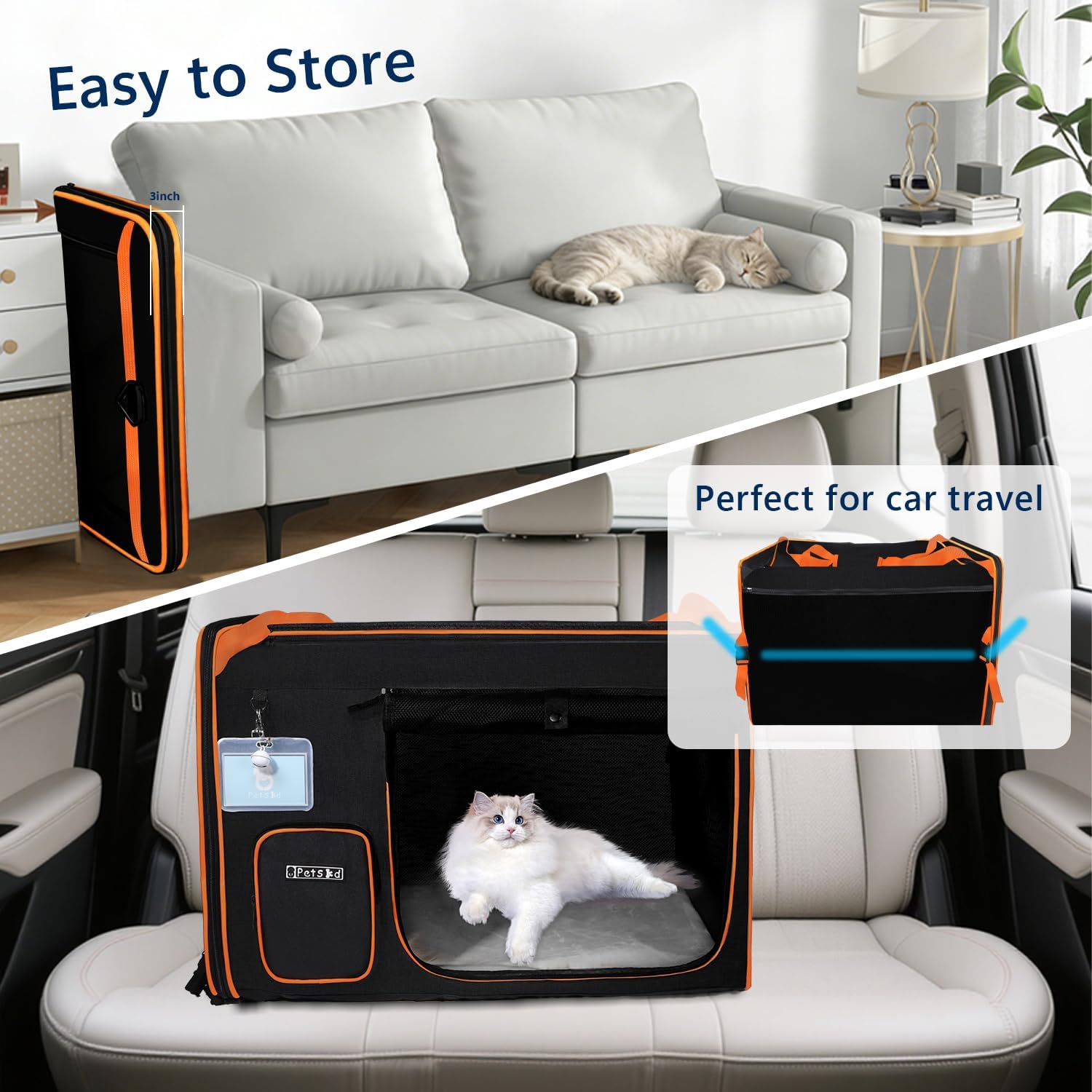 Petskd Extra Large Cat Carrier with Litter Box for Car Travel,24"x17"x17"Portable Soft-Sided Pet Carrier with Zipper Locks for Large Mudium Cats or 2 Small Cats Under 55LBS(Black)