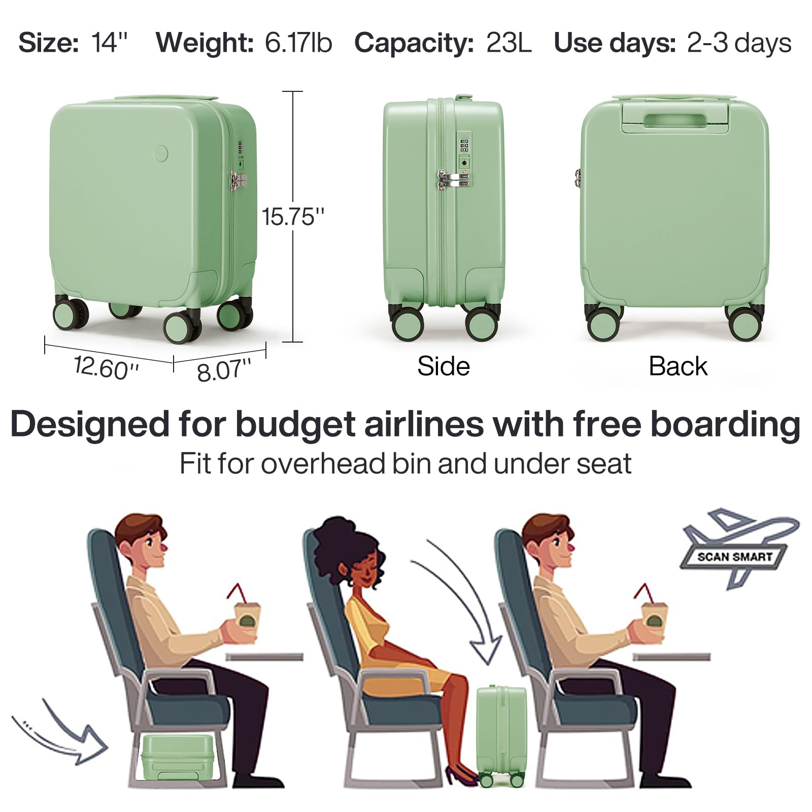 14 Inch Underseat Luggage Carry on Suitcase Free Boarding Personal Item, Mixi Spinner Wheels Hardshell Lightweight PC Suitcases for Short Travel, Avocado Green