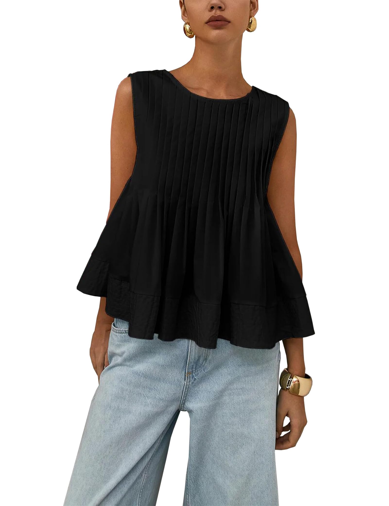 Damska letnia plisowana bluzka bez rękawów z peplum, śliczne plisowane koszulki bez rękawów z falbanką na ramiączkach tank top