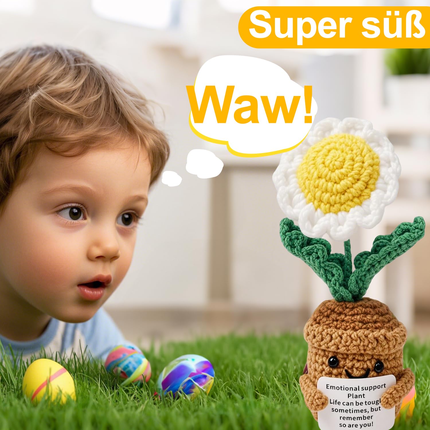 MLZTINGR Fiori fatti a mano all'uncinetto, pianta in vaso di fiori, margherite e girasoli, pianta artificiale come regalo per donne, famiglia, amici, regalo di addio, decorazione per ufficio e auto