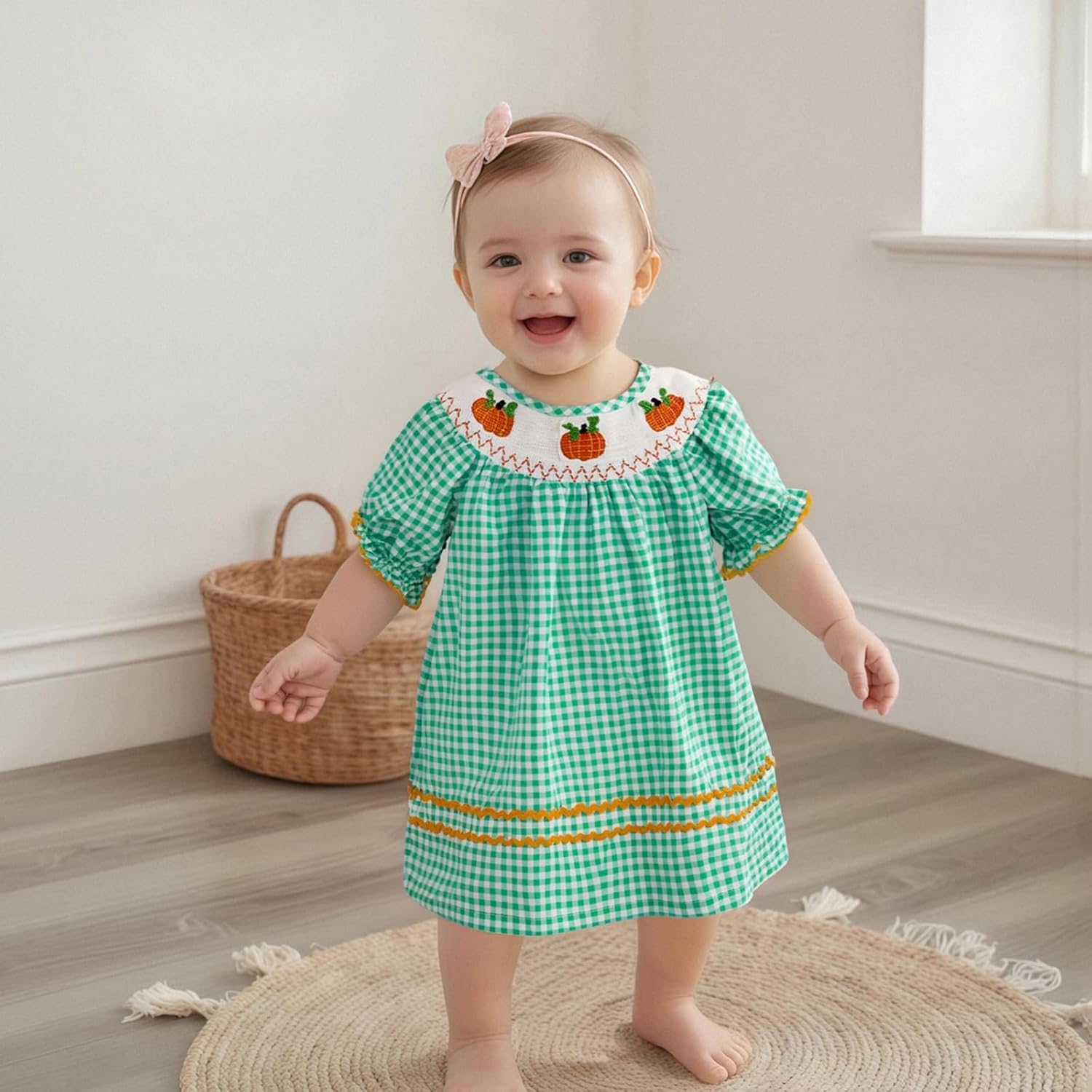 Toddler Baby Girl Halloween Clothes Pumpkin Embroidery Smocked Dress Plaid Puff Sleeve Princess Dresses Fall Outfit - Image 4
