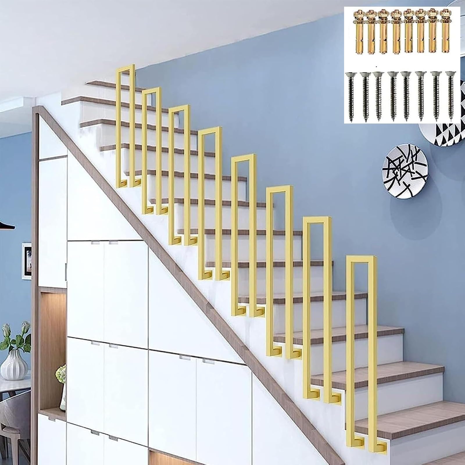 Zyntho Gold Railings For Outdoor Steps, Side Mount U-Shaped Stair Railing, 1.1/1.5/1.8/2.1/2.5/2.8/3.1/3.3Ft Iron Railings For Stairs Outdoor, For Loft Villas Corridor Porch Steps(,50Cm/1.6Ft)